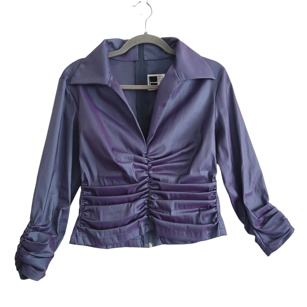 Tadashi Women 8 Blue Purple Iridescent Stretch Long Sleeve Ruched Blouse Top Y2K